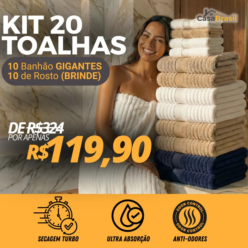 Kit Toalhas Premium Algodão Turco | Kit 10 Banhão + 10 Rosto (BRINDE)