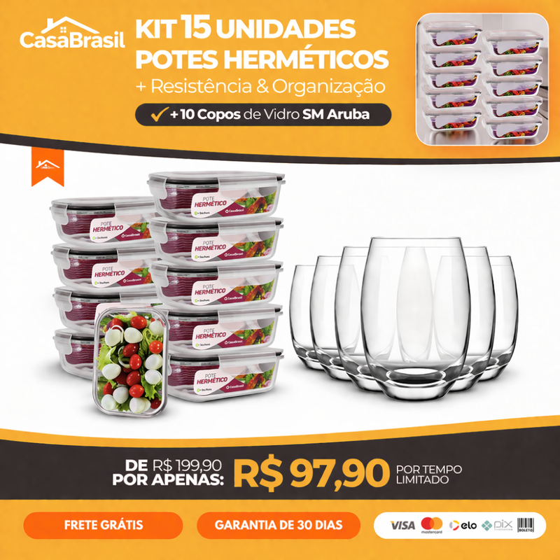 Kit com 15 Potes Herméticos de Vidro +10 Copos Aruba de Brinde