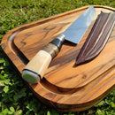 Tábua De Corte De Madeira Teca 40x29cm E Faca De Churrasco Em Aço Inox 10 Polegadas